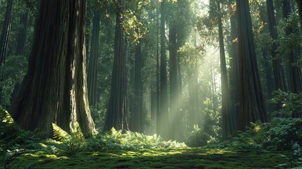 Obraz premium Sunbeams Illuminating a Lush Forest Path