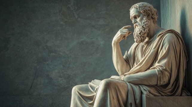 Ancient Greek philosopher statue thinking deeply, crafted in marble with detailed drapery