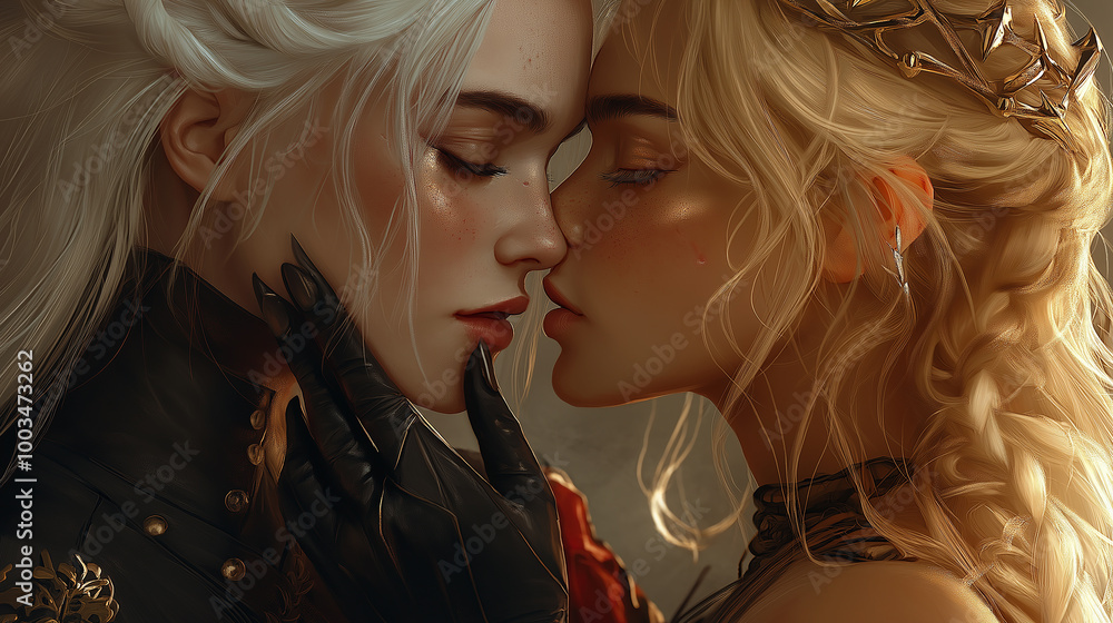 Wall mural two women wearing fantasy costumes sharing a tender kiss