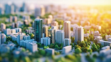 Vibrant, miniature cityscape with numerous modern skyscrapers and lush greenery, bathed in sunlight