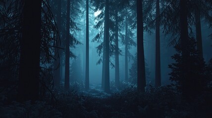Naklejka premium A Moonlit Forest Path Through Silhouetted Trees and Fog