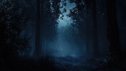 Obraz premium A moonlit path through a dense forest at night.