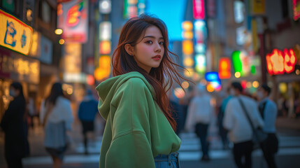 Young woman posing in busy city street at night with neon lights