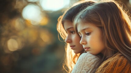 Two young girls, likely sisters, share affectionate embrace outdoors