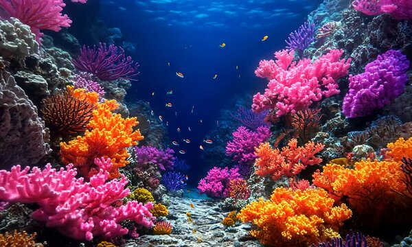 Vibrant underwater scene with colorful coral reefs and fish.