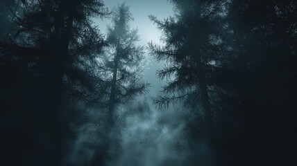 Fototapeta premium A Glimmer of Light Through Dense Fog in a Dark Forest