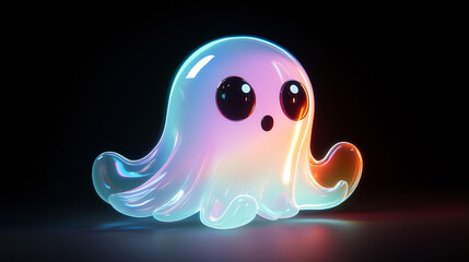 Cute, colorful, and shiny ghost is floating against a black background