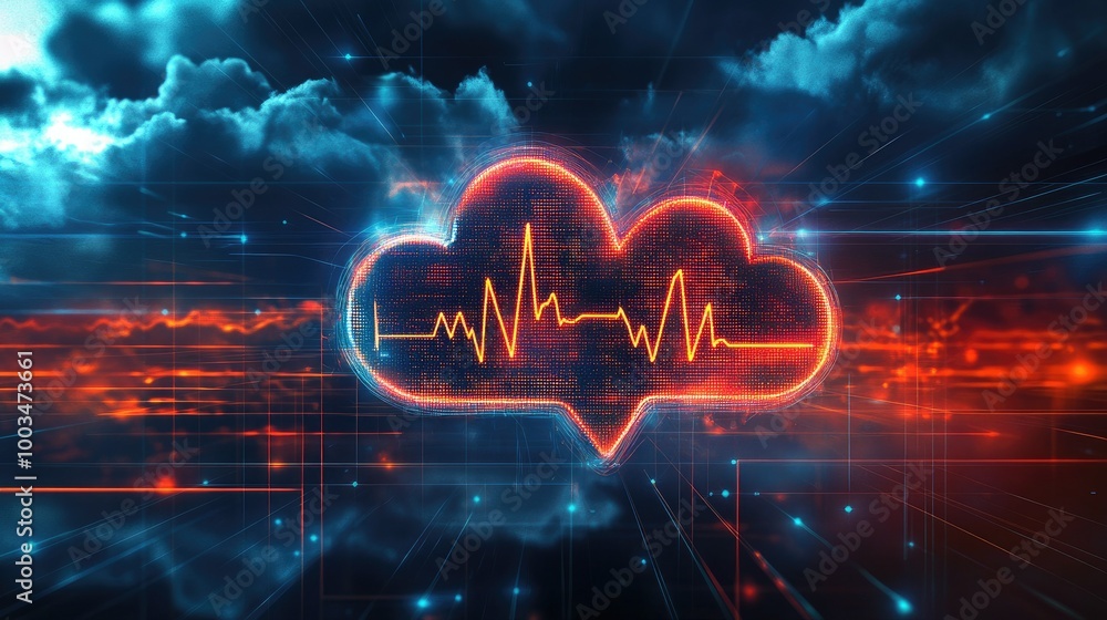 Poster cloud symbol with heartbeat pulse, set on a glowing digital background representing health tech and 