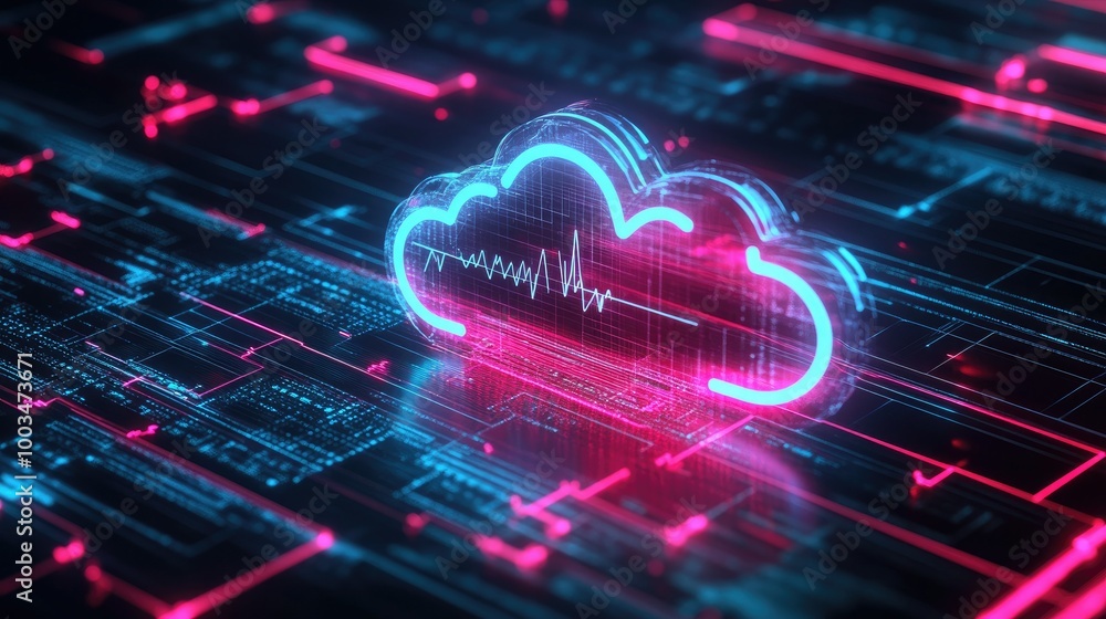 Poster cloud symbol with heartbeat pulse, set on a glowing digital background representing health tech and 
