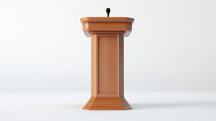 A light brown wood podium for public speaking conference election speaker microphone on white background.