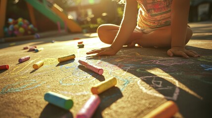 A child draws with colorful chalk on the sidewalk.  The sun shines brightly behind the child.  A carefree summer day.