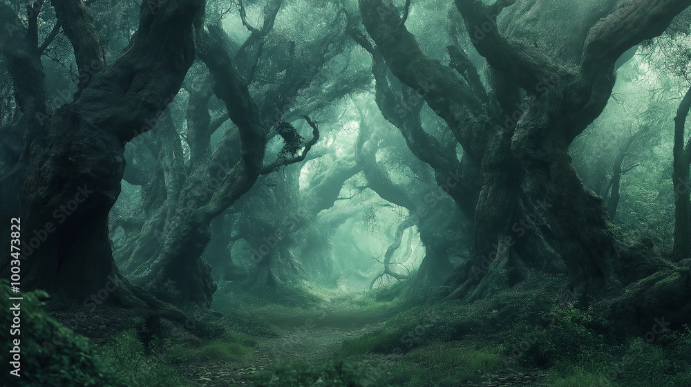 Aufkleber dark mysterious forest with fog surrounding gnarled trees