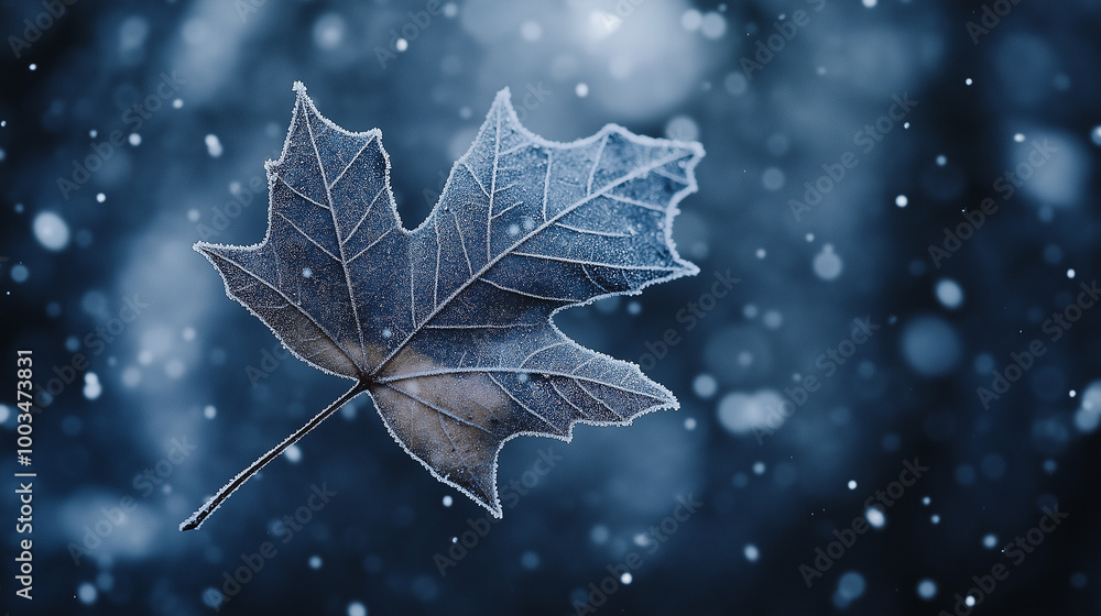 Poster frozen maple leaf falling during snowfall on blurred background