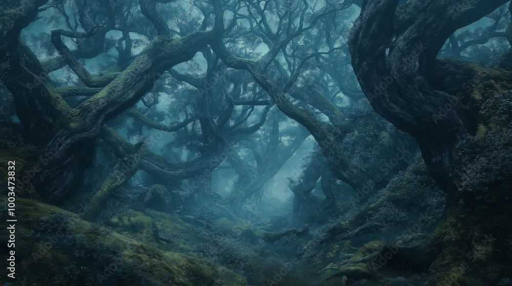 Aufkleber fog crawling through gnarled trees in dark forest