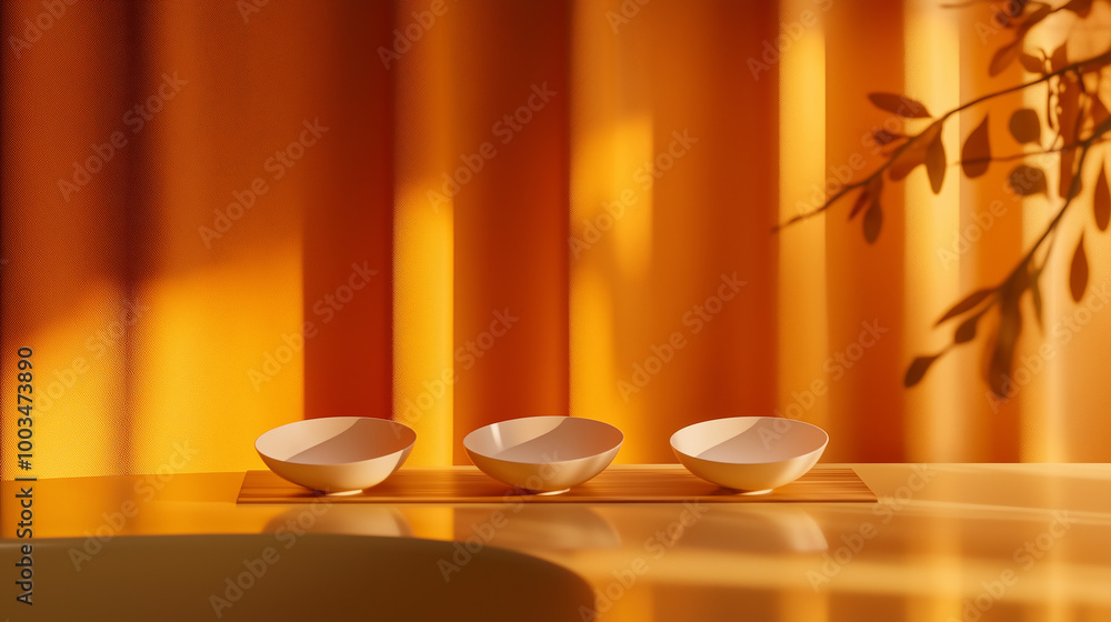 Poster Three empty bowls resting on a table in warm sunlight