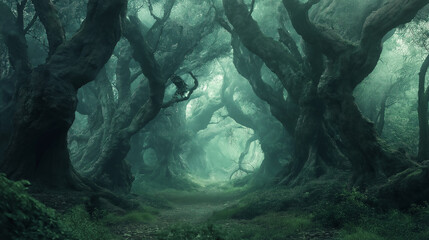 Dark mysterious forest with fog surrounding gnarled trees