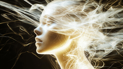Woman face emerging from golden energy flow on black background