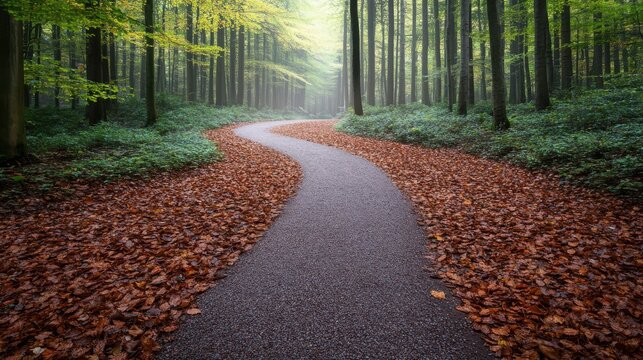 Winding path through a foggy forest with autumn leaves, serene and tranquil atmosphere.