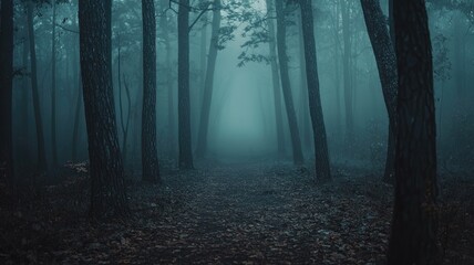 Obraz premium A Foggy Forest Path Leading into the Unknown