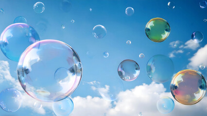 Abstract Background With various color of bubble flying through air in blue sky 