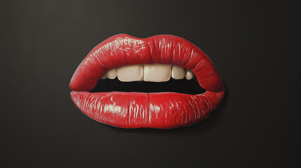 Fototapeta premium Red glossy lips showing white teeth on black background