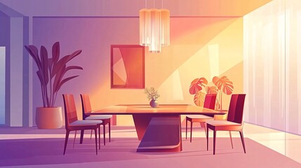Modern dining room with a large window, wooden table and chairs, potted plants and a chandelier.