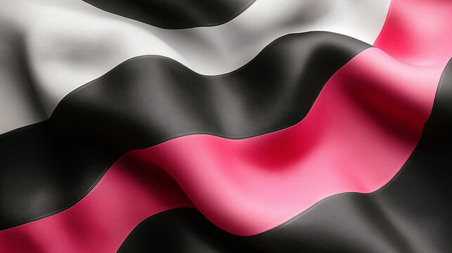 Flowing waves of black, white, and vibrant pink ripple across fabric, creating a striking contrast in color and texture.