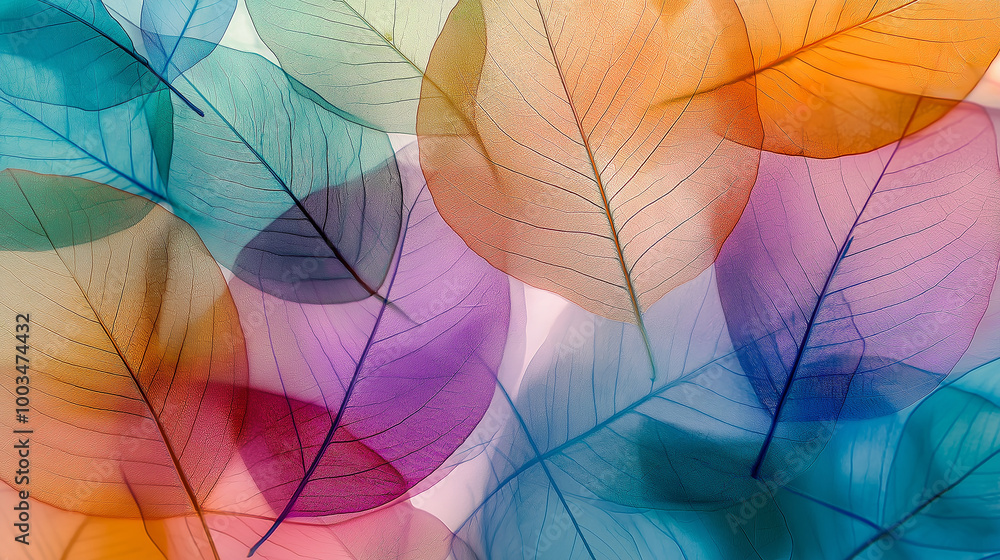 Poster colorful transparent skeleton leaves creating vibrant background