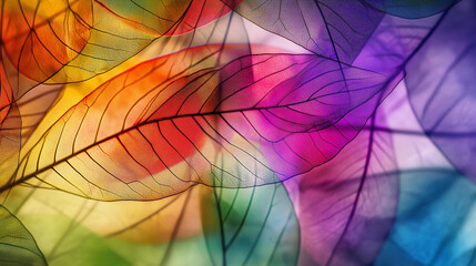 Colorful transparent skeleton leaves creating vibrant background texture