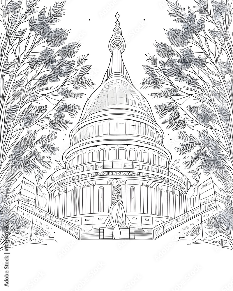 Poster a black and white drawing of a building with trees in the background.