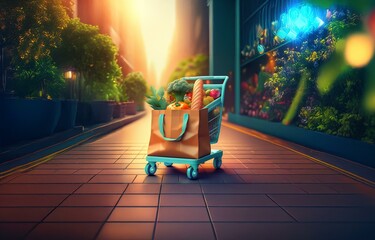 Fototapeta premium A teal shopping cart with a brown paper bag full of groceries sits on a red brick sidewalk, with a blurred background of greenery and a building.