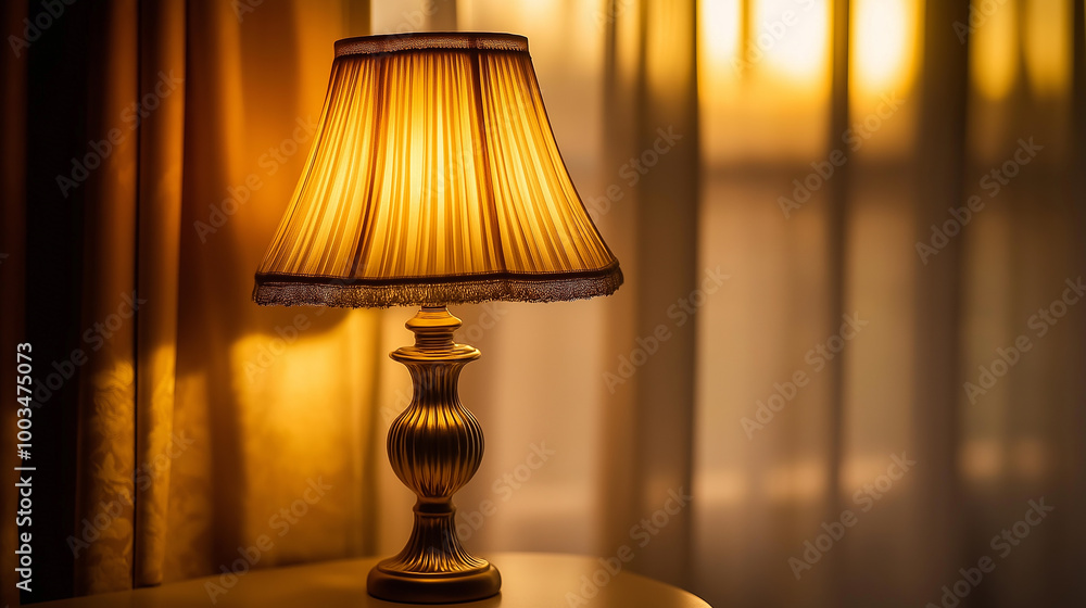 Poster elegant table lamp illuminating curtains during golden hour