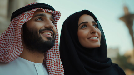 Happy young muslim couple wearing traditional clothes smiling and looking up