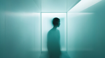Obraz premium Young man standing behind glowing glass in turquoise room