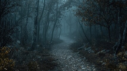 Obraz premium A Misty Forest Path Through Tall Trees