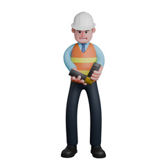 Male Architect in Design Action. An Architect stands holding a right-angled ruler with both hands. 3D Project Scene