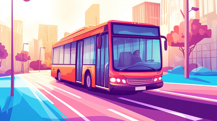 Fototapeta premium Red bus driving on the road in modern city with glass buildings, bus driver in uniform at work