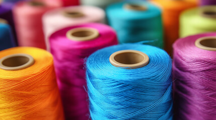 Colorful sewing threads standing on top of each other