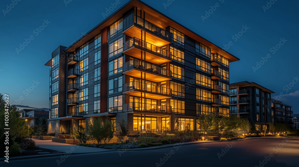Poster modern apartment building glowing at twilight with warm lights illuminating the balconies