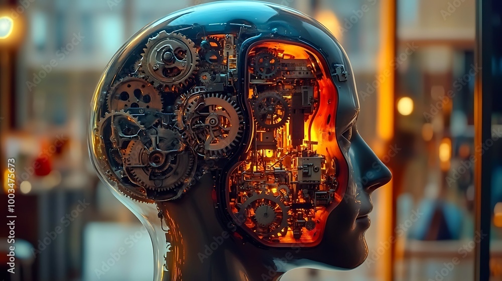 Poster a transparent human head with visible gears and cogs inside, representing the workings of the mind a