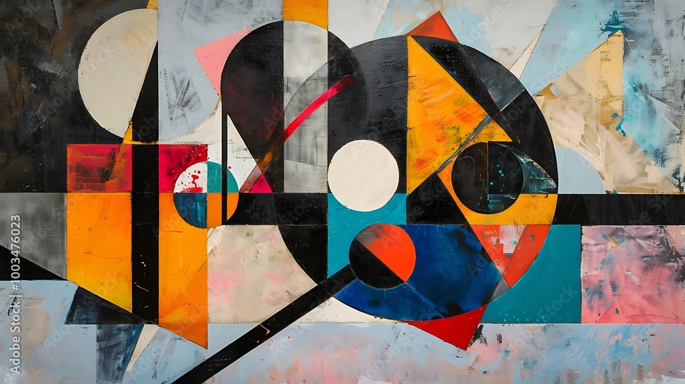 Poster colorful abstract geometric painting with dynamic composition and interplay of shapes and colors for