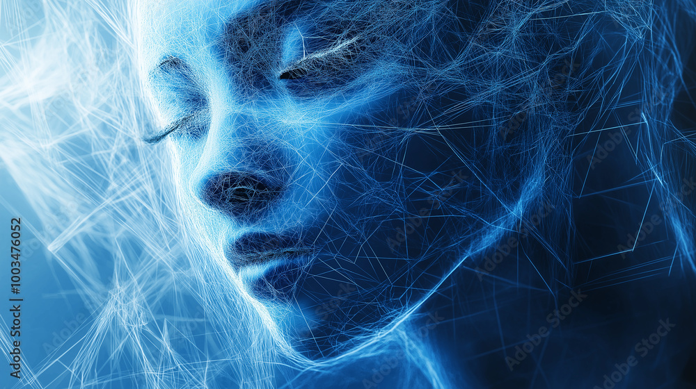 Poster Woman face dissolving into abstract network pattern
