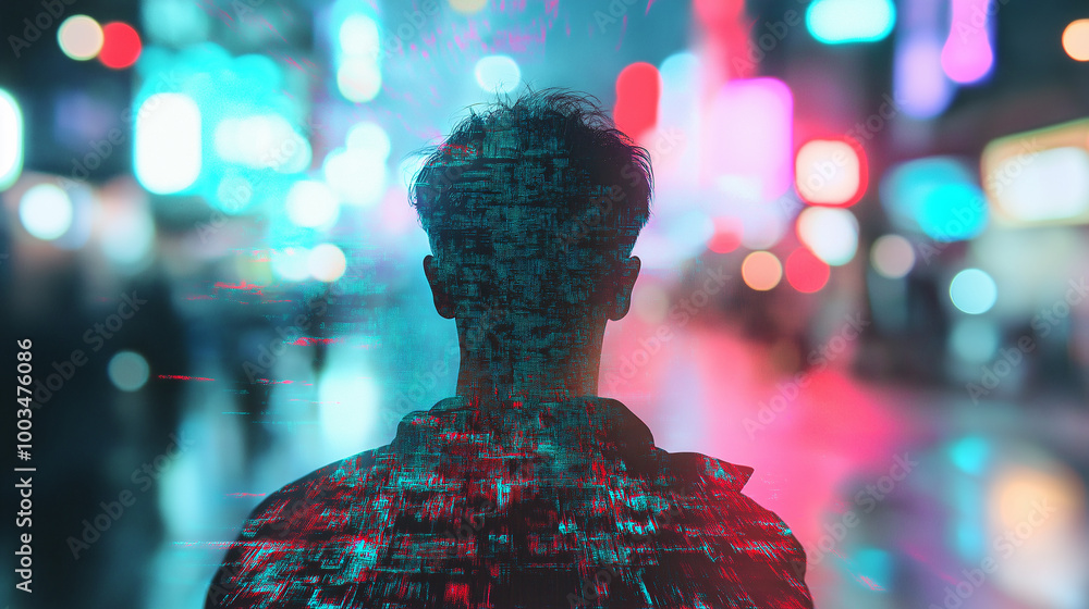 Poster man walking in city with digital overlay effect