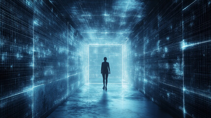 Woman walking in technological corridor data flowing on walls