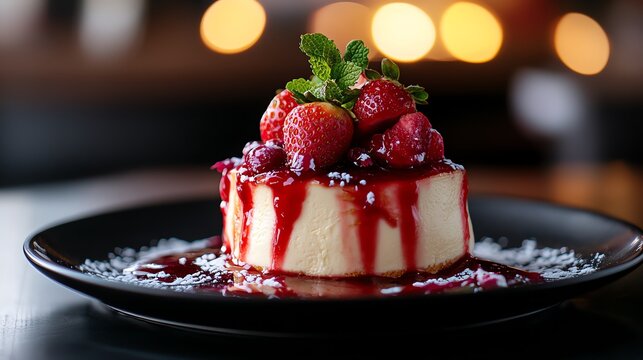 Basque cheesecake served with a side of fresh strawberries and mint, creating a vibrant, refreshing contrast to the rich dessert, Basque cheesecake, fruity dessert pairing
