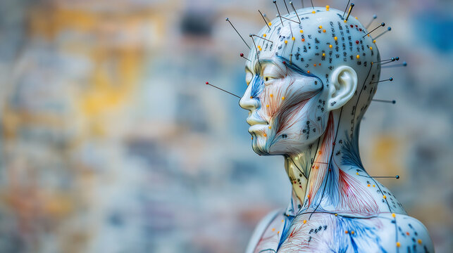 Acupuncture model showing meridians and insertion points for treatment