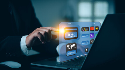 Businessman using computer with online marketing concept, digital marketing analysis, brand analysis, advertising on website and social media.