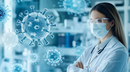 Doctor standing with arms crossed and coronavirus cells in hospital room