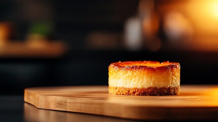 Close-up of a burnt Basque cheesecake with a perfectly caramelized top, soft natural light highlighting the rich texture, Basque cheesecake, indulgent dessert