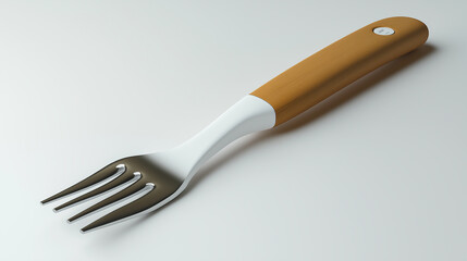 Naklejka premium Modern fork with wooden handle lying on white surface
